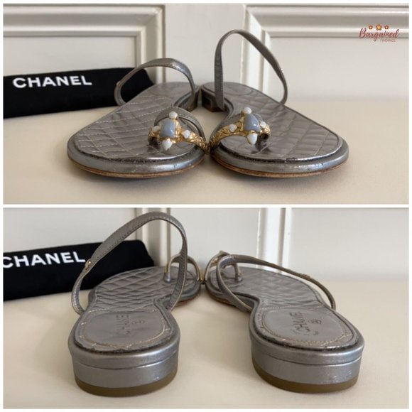 Authentic CHANEL Silver Leather Enamel Embellished Toe Ring Flat Sandals 37C - Picture 9 of 13